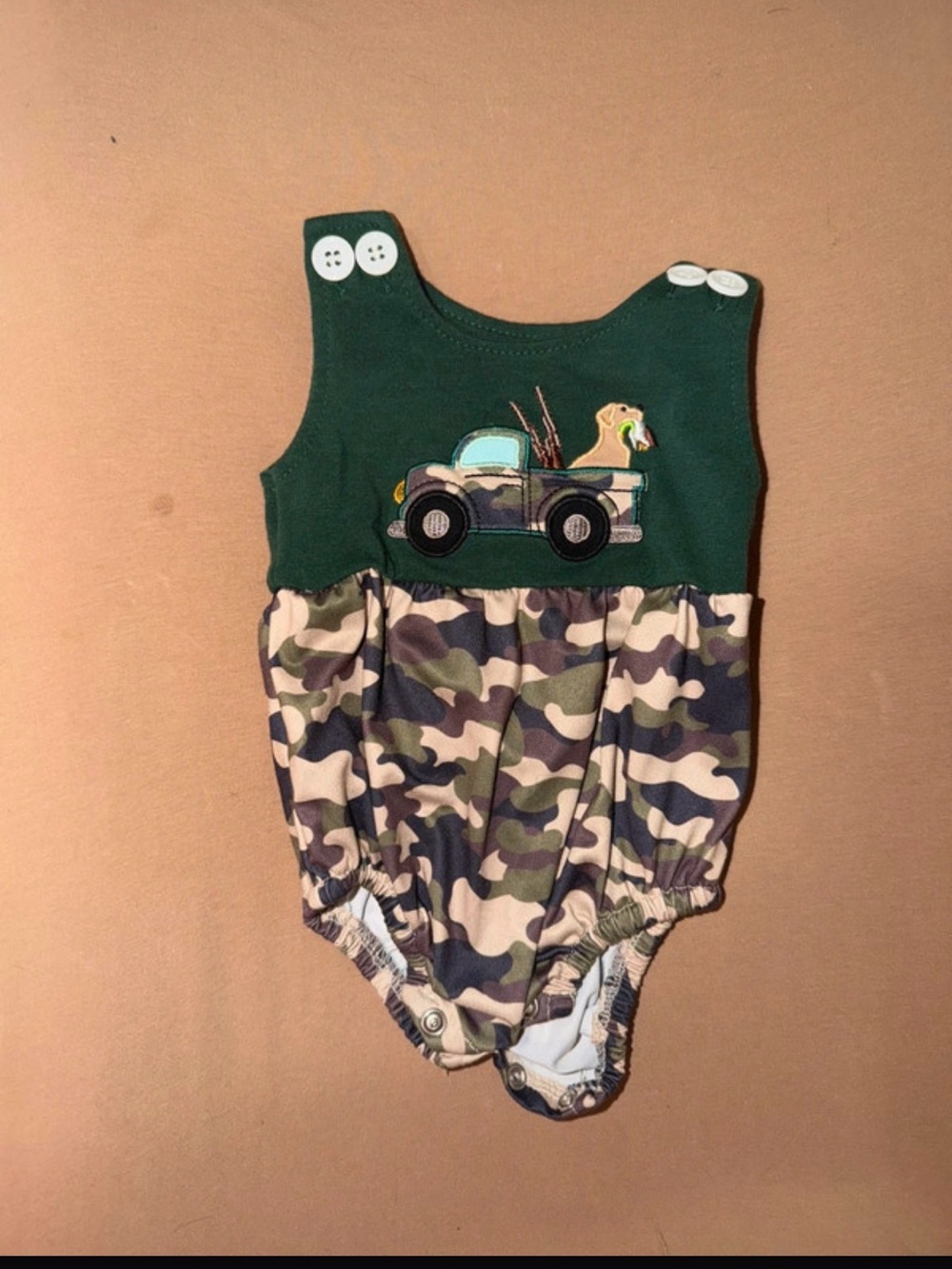 Green Camo Truck Applique Baby One-Piece